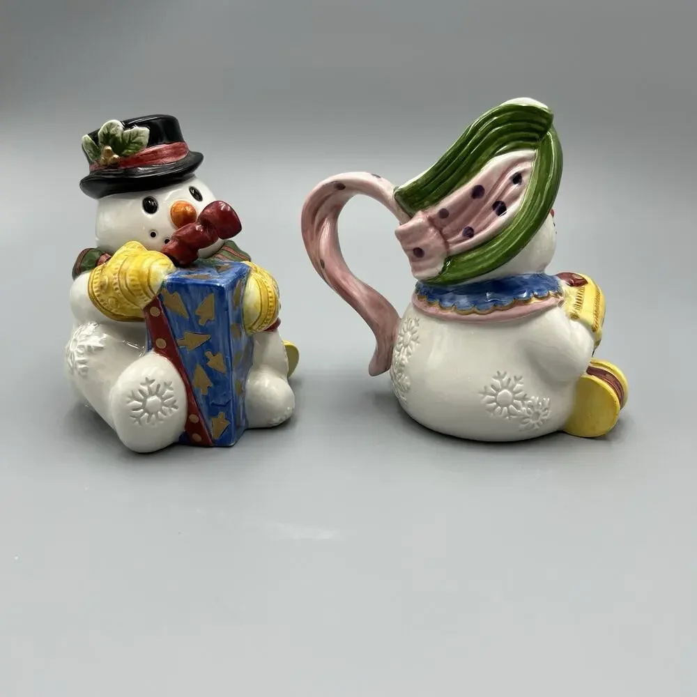 VTG Fitz & Floyd Frosty Folks Creamer Sugar‎ Spoon Set 90s Christmas Snowman